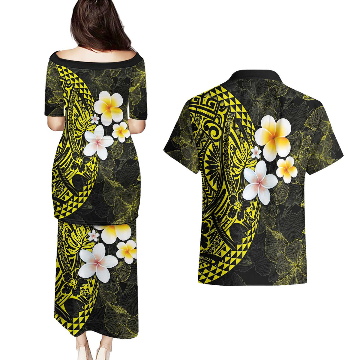 Hawaiian Hibiscus and Plumeria Polynesian Tribal Tattoo Couples Matching Puletasi and Hawaiian Shirt Yellow Color LT03 - Polynesian Pride