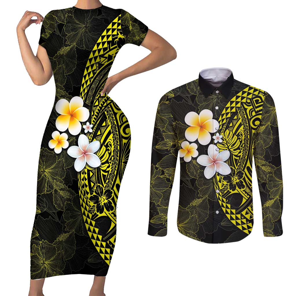 Hawaiian Hibiscus and Plumeria Polynesian Tribal Tattoo Couples Matching Short Sleeve Bodycon Dress and Long Sleeve Button Shirt Yellow Color