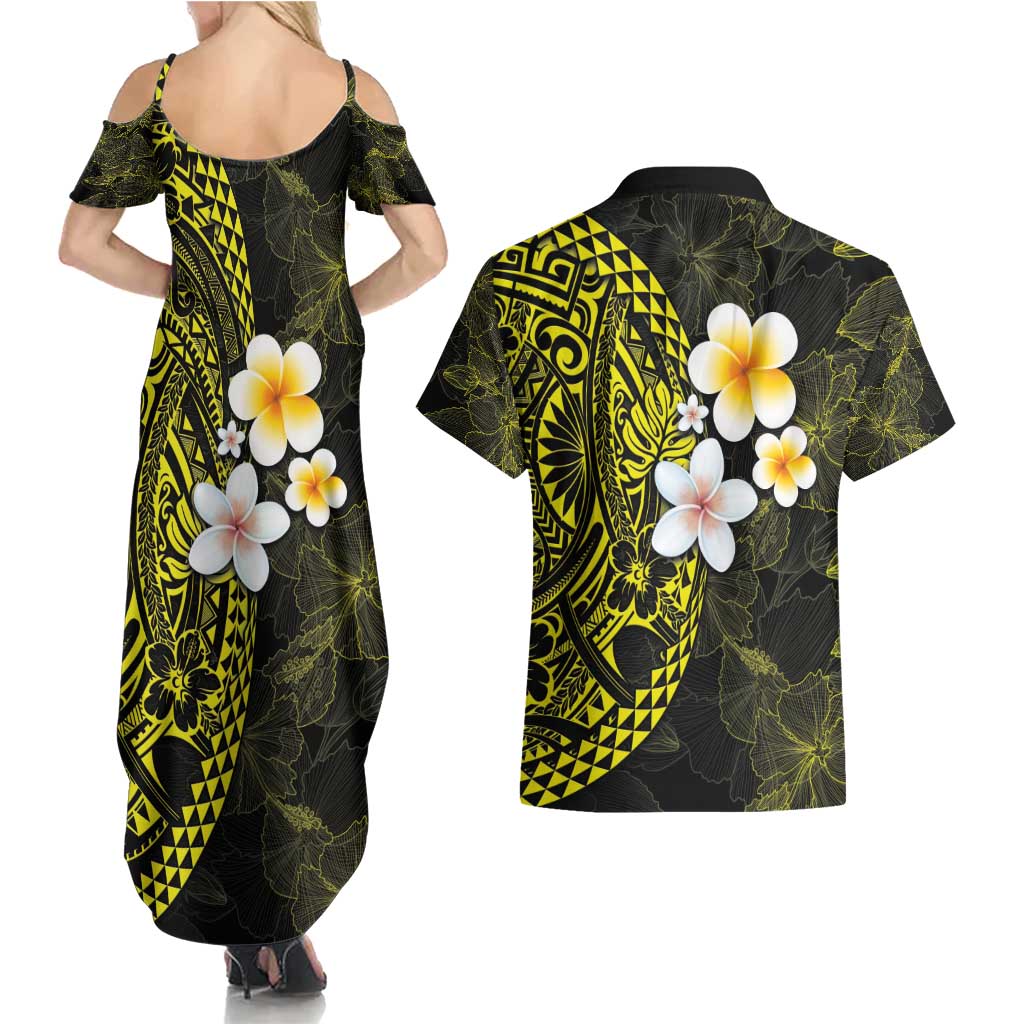 Hawaiian Hibiscus and Plumeria Polynesian Tribal Tattoo Couples Matching Summer Maxi Dress and Hawaiian Shirt Yellow Color