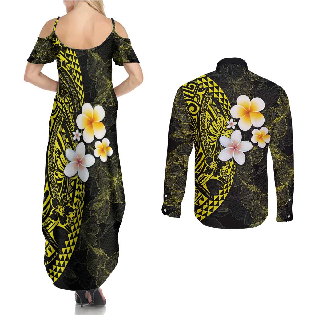 Hawaiian Hibiscus and Plumeria Polynesian Tribal Tattoo Couples Matching Summer Maxi Dress and Long Sleeve Button Shirt Yellow Color