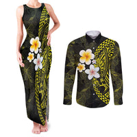 Hawaiian Hibiscus and Plumeria Polynesian Tribal Tattoo Couples Matching Tank Maxi Dress and Long Sleeve Button Shirt Yellow Color
