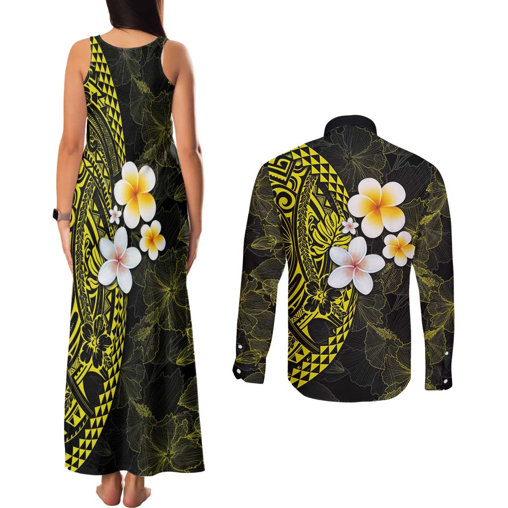 Hawaiian Hibiscus and Plumeria Polynesian Tribal Tattoo Couples Matching Tank Maxi Dress and Long Sleeve Button Shirt Yellow Color
