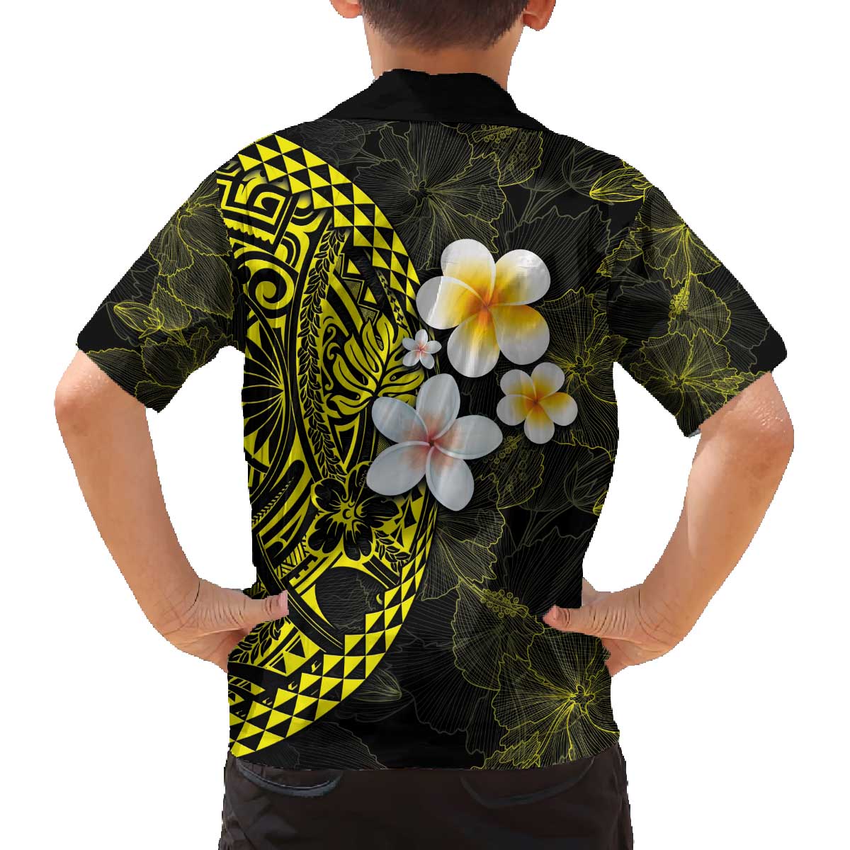 Hawaiian Hibiscus and Plumeria Polynesian Tribal Tattoo Family Matching Off The Shoulder Long Sleeve Dress and Hawaiian Shirt Yellow Color