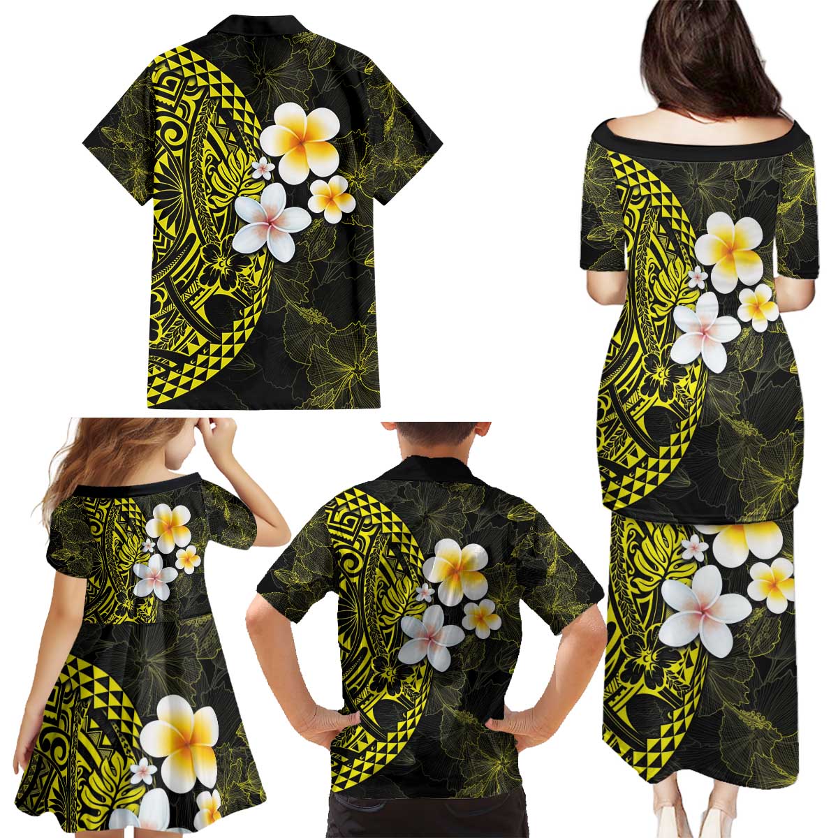 Hawaiian Hibiscus and Plumeria Polynesian Tribal Tattoo Family Matching Puletasi and Hawaiian Shirt Yellow Color LT03 - Polynesian Pride