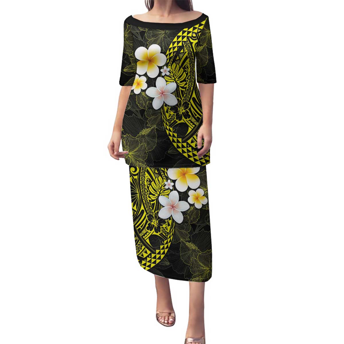 Hawaiian Hibiscus and Plumeria Polynesian Tribal Tattoo Family Matching Puletasi and Hawaiian Shirt Yellow Color LT03 Mom's Dress Yellow - Polynesian Pride