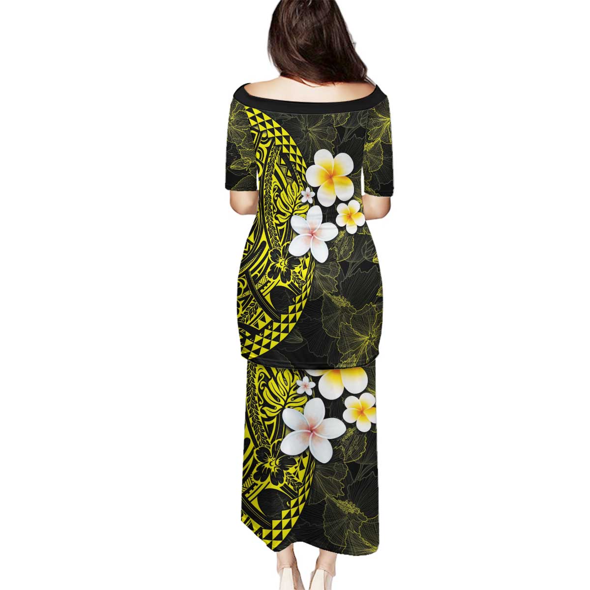 Hawaiian Hibiscus and Plumeria Polynesian Tribal Tattoo Family Matching Puletasi and Hawaiian Shirt Yellow Color LT03 - Polynesian Pride