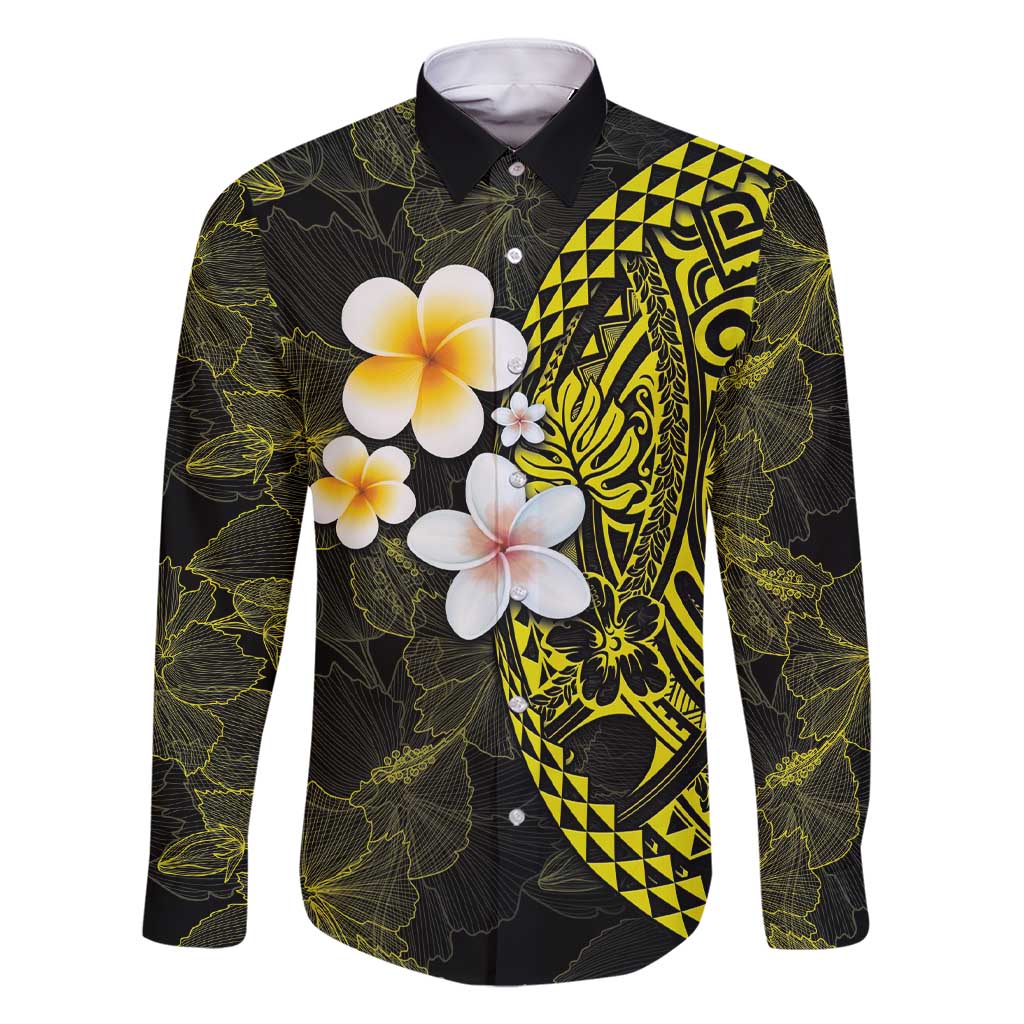 Hawaiian Hibiscus and Plumeria Polynesian Tribal Tattoo Family Matching Short Sleeve Bodycon Dress and Hawaiian Shirt Yellow Color LT03 Dad's Shirt - Long Sleeve Yellow - Polynesian Pride