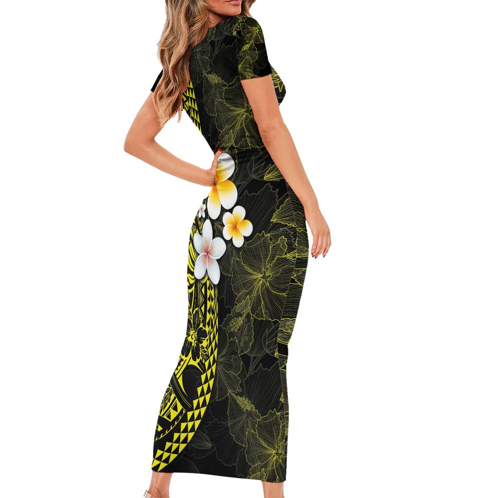 Hawaiian Hibiscus and Plumeria Polynesian Tribal Tattoo Family Matching Short Sleeve Bodycon Dress and Hawaiian Shirt Yellow Color LT03 - Polynesian Pride