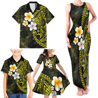 Hawaiian Hibiscus and Plumeria Polynesian Tribal Tattoo Family Matching Tank Maxi Dress and Hawaiian Shirt Yellow Color