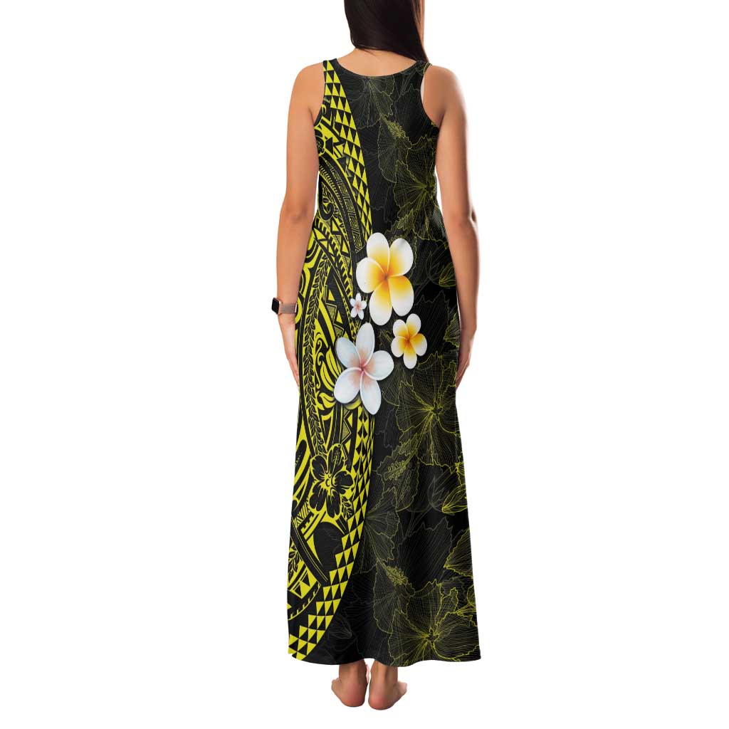 Hawaiian Hibiscus and Plumeria Polynesian Tribal Tattoo Family Matching Tank Maxi Dress and Hawaiian Shirt Yellow Color