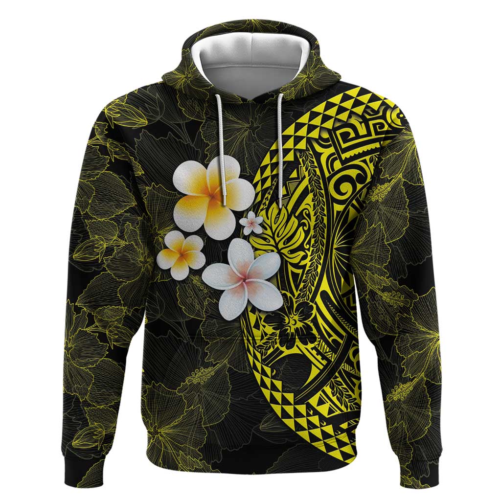 Hawaiian Hibiscus and Plumeria Polynesian Tribal Tattoo Hoodie Yellow Color