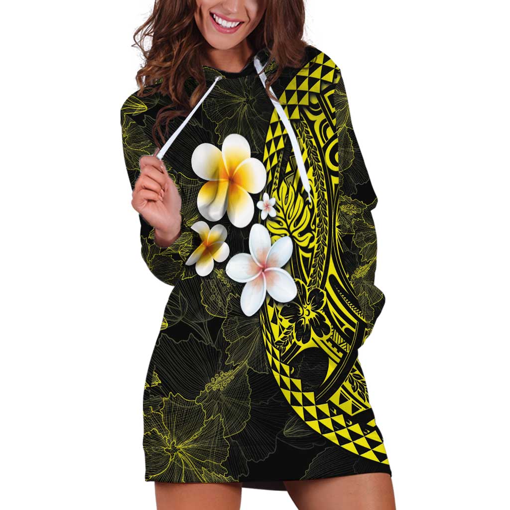 Hawaiian Hibiscus and Plumeria Polynesian Tribal Tattoo Hoodie Dress Yellow Color