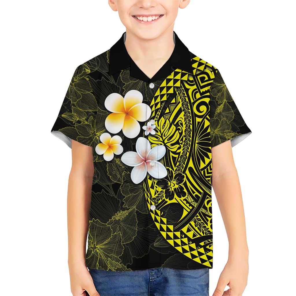 Hawaiian Hibiscus and Plumeria Polynesian Tribal Tattoo Kid Hawaiian Shirt Yellow Color