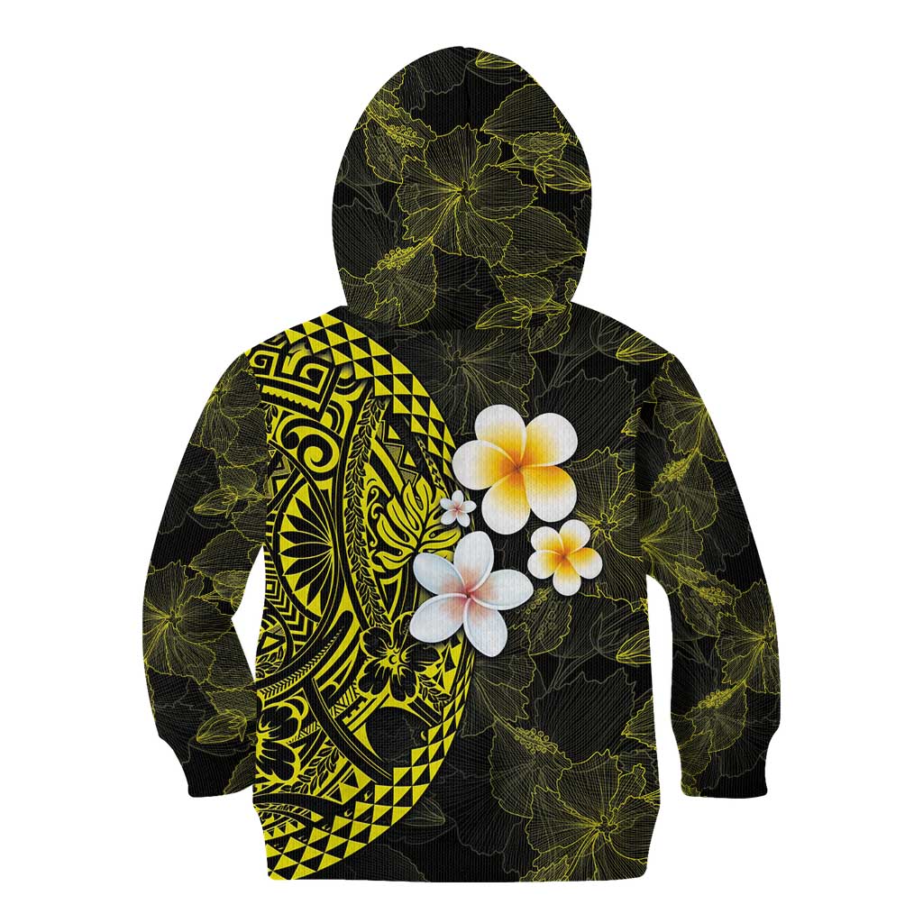 Hawaiian Hibiscus and Plumeria Polynesian Tribal Tattoo Kid Hoodie Yellow Color