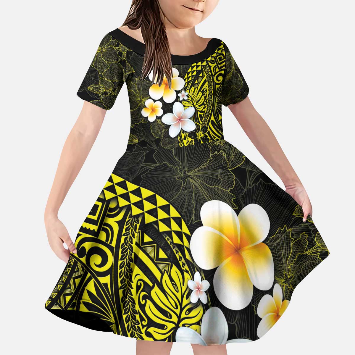 Hawaiian Hibiscus and Plumeria Polynesian Tribal Tattoo Kid Short Sleeve Dress Yellow Color