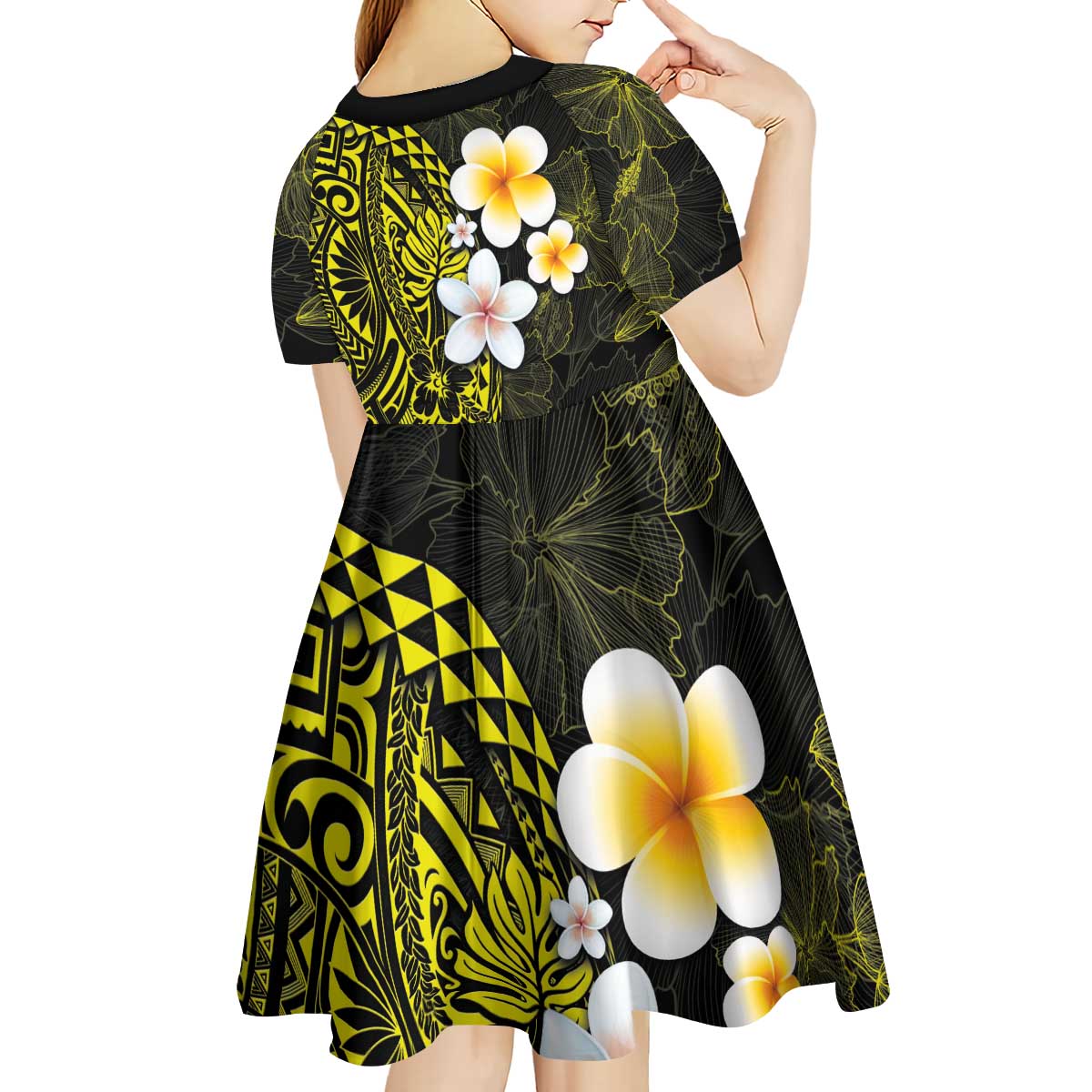 Hawaiian Hibiscus and Plumeria Polynesian Tribal Tattoo Kid Short Sleeve Dress Yellow Color
