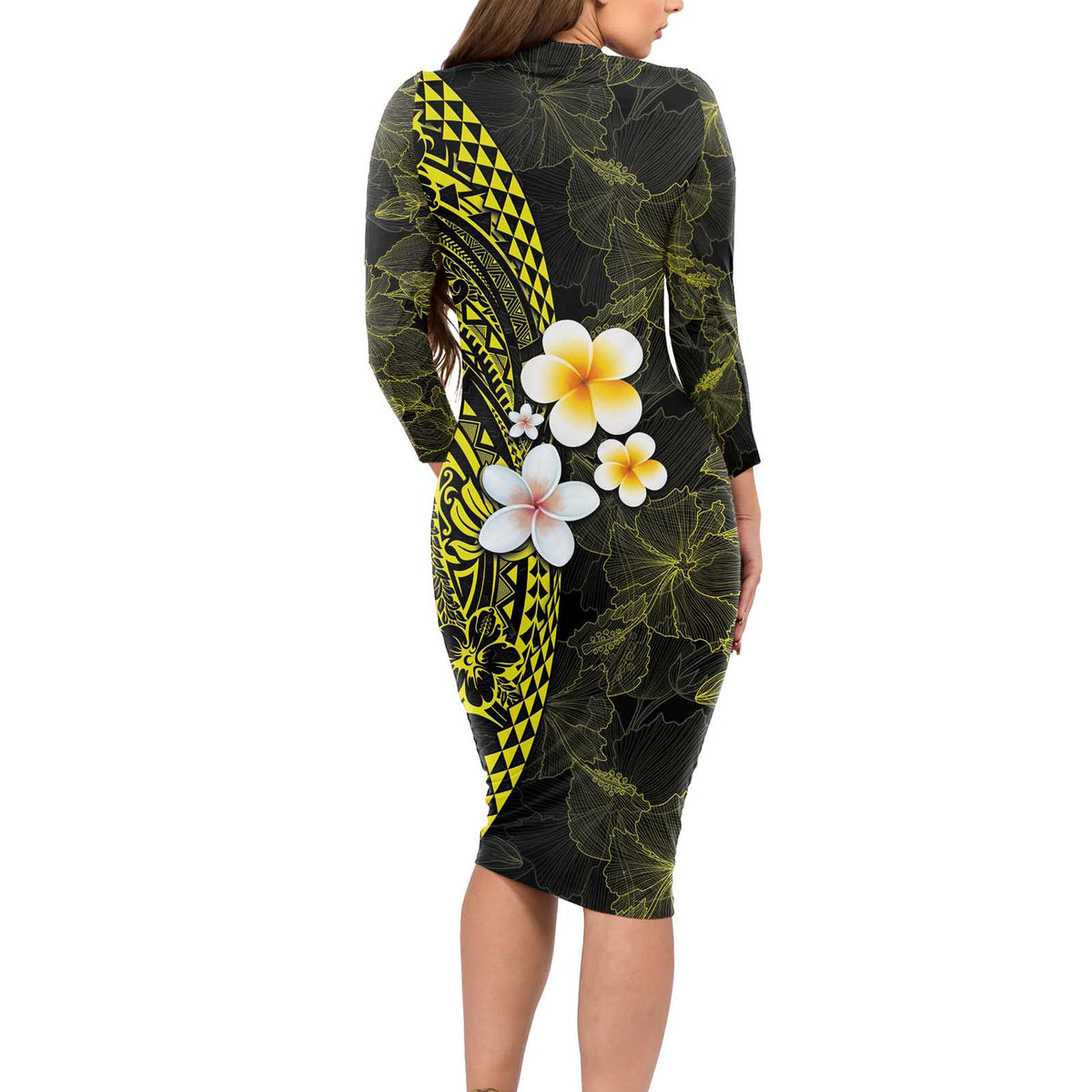 Hawaiian Hibiscus and Plumeria Polynesian Tribal Tattoo Long Sleeve Bodycon Dress Yellow Color LT03 - Polynesian Pride