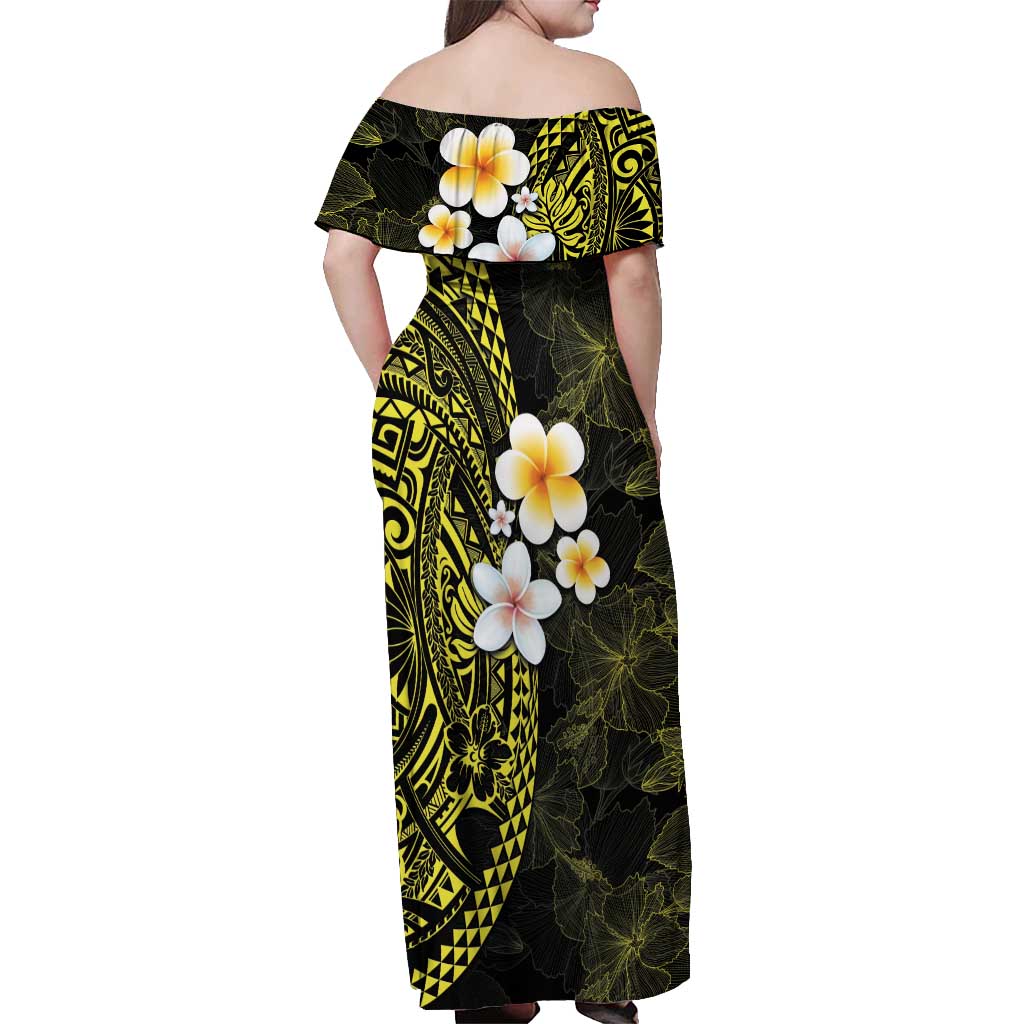 Hawaiian Hibiscus and Plumeria Polynesian Tribal Tattoo Off Shoulder Maxi Dress Yellow Color LT03 - Polynesian Pride