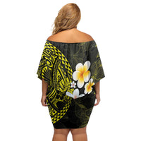 Hawaiian Hibiscus and Plumeria Polynesian Tribal Tattoo Off Shoulder Short Dress Yellow Color