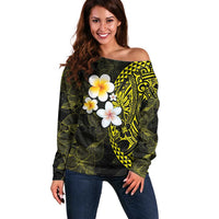 Hawaiian Hibiscus and Plumeria Polynesian Tribal Tattoo Off Shoulder Sweater Yellow Color