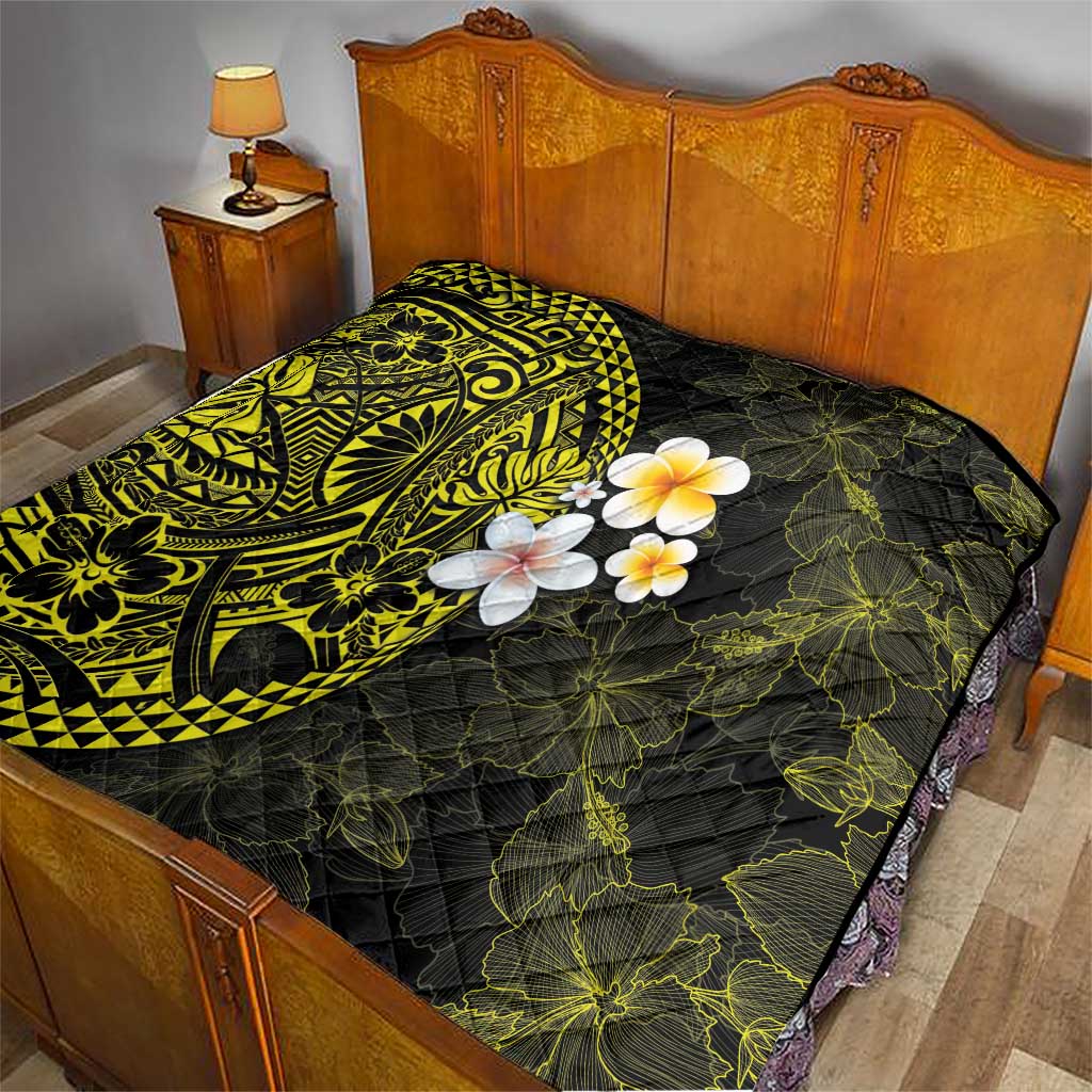 Hawaiian Hibiscus and Plumeria Polynesian Tribal Tattoo Quilt Yellow Color
