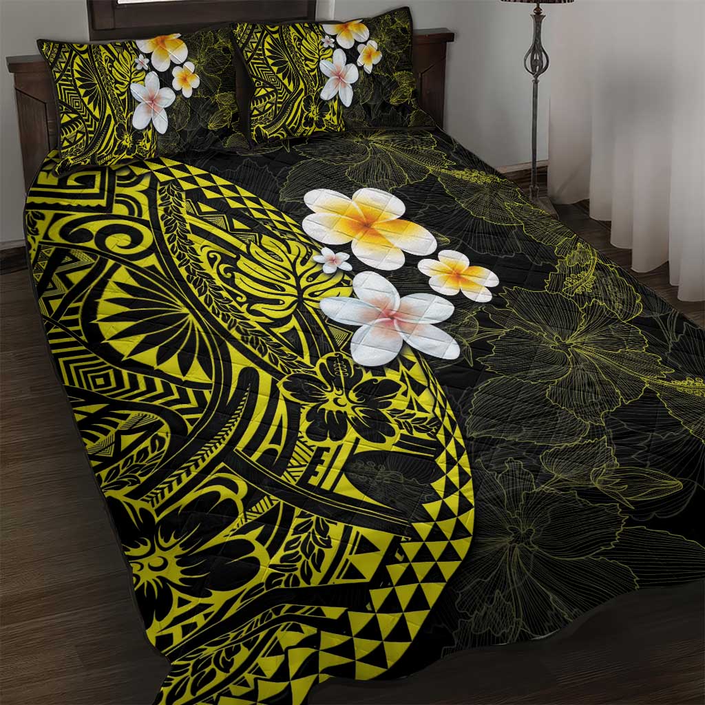 Hawaiian Hibiscus and Plumeria Polynesian Tribal Tattoo Quilt Bed Set Yellow Color