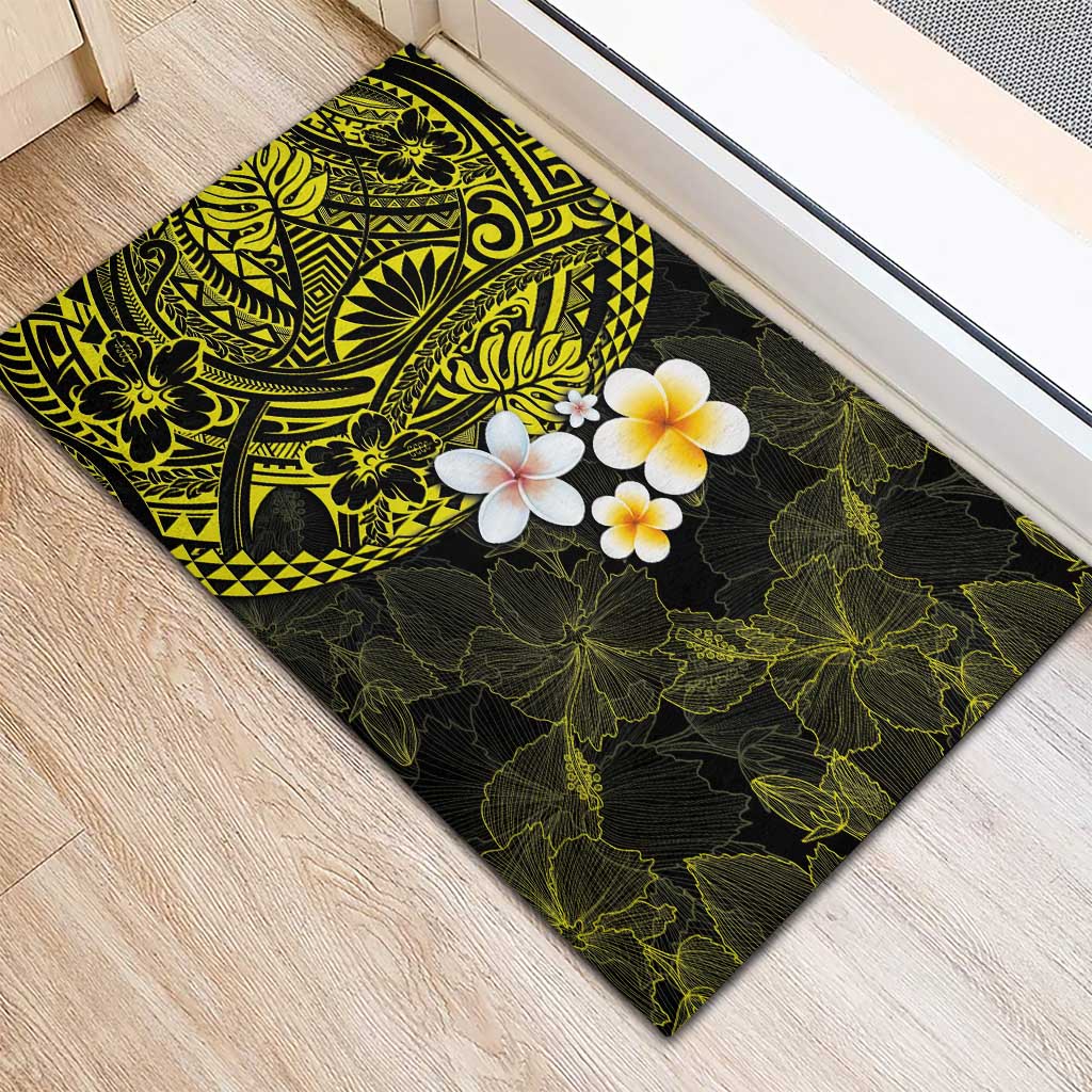 Hawaiian Hibiscus and Plumeria Polynesian Tribal Tattoo Rubber Doormat Yellow Color