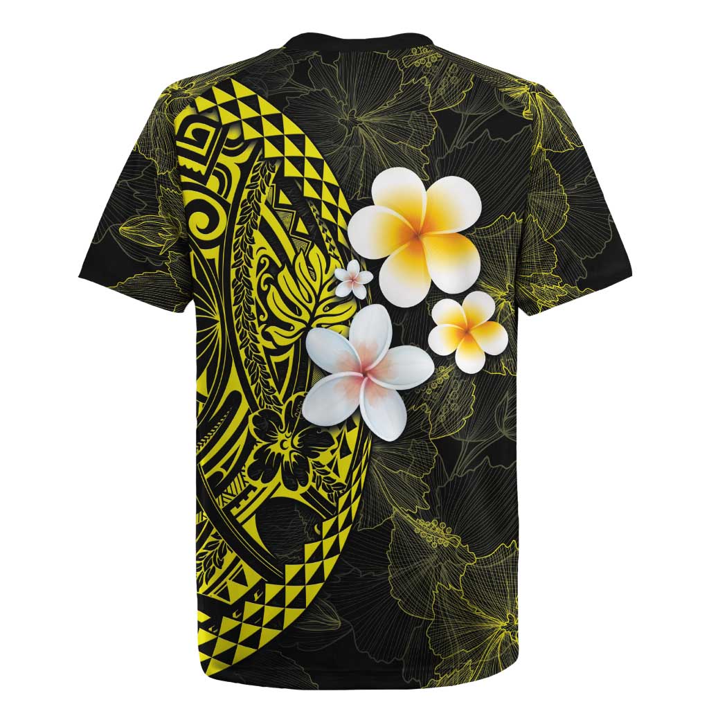 Hawaiian Hibiscus and Plumeria Polynesian Tribal Tattoo Rugby Jersey Yellow Color