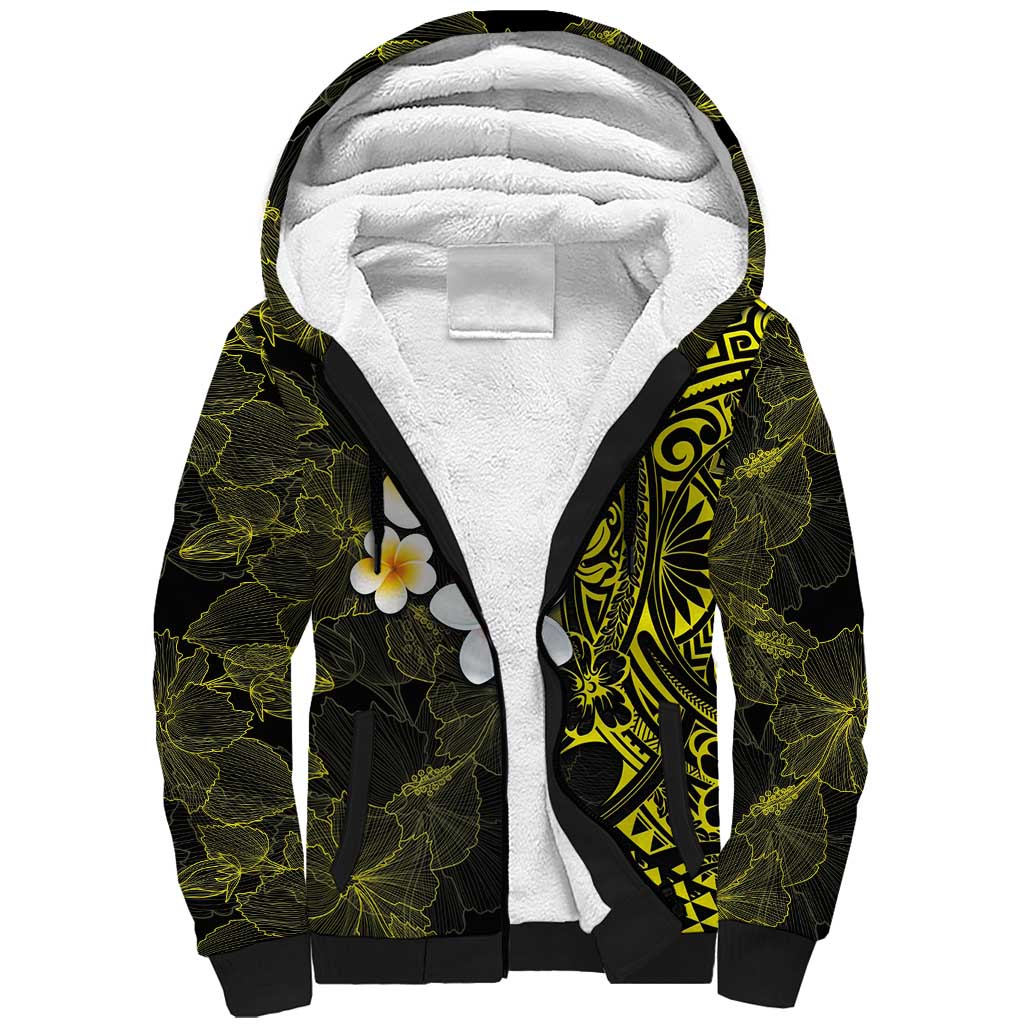 Hawaiian Hibiscus and Plumeria Polynesian Tribal Tattoo Sherpa Hoodie Yellow Color