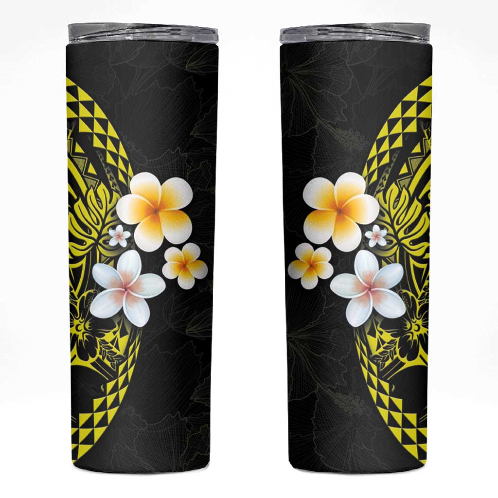 Hawaiian Hibiscus and Plumeria Polynesian Tribal Tattoo Skinny Tumbler Yellow Color