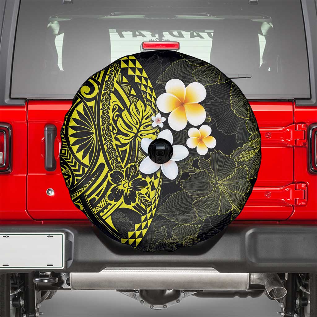 Hawaiian Hibiscus and Plumeria Polynesian Tribal Tattoo Spare Tire Cover Yellow Color