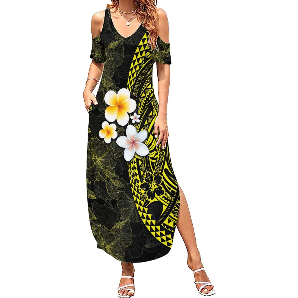 Hawaiian Hibiscus and Plumeria Polynesian Tribal Tattoo Summer Maxi Dress Yellow Color