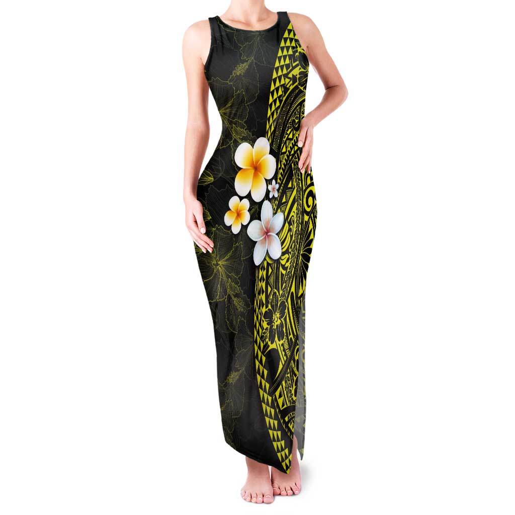 Hawaiian Hibiscus and Plumeria Polynesian Tribal Tattoo Tank Maxi Dress Yellow Color