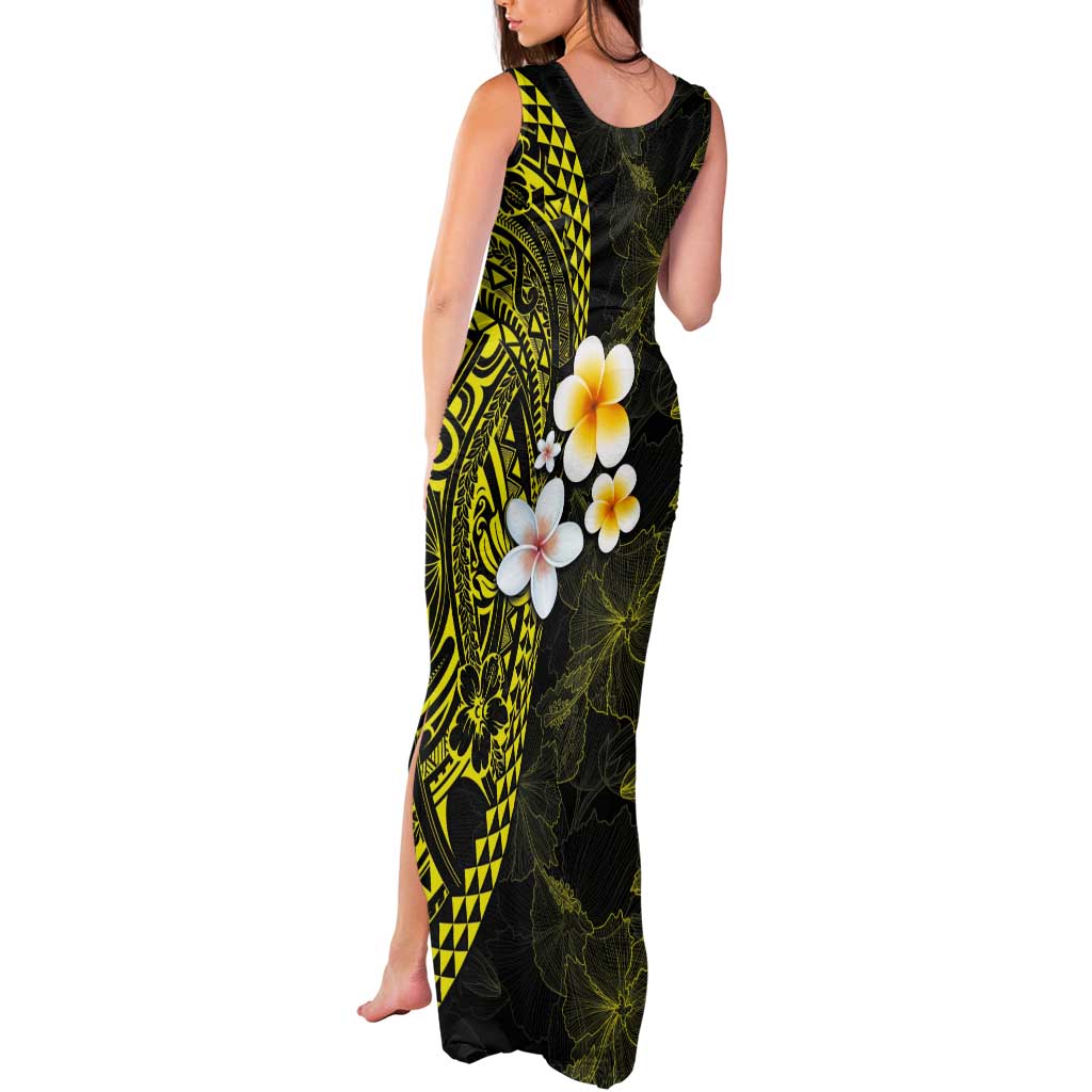 Hawaiian Hibiscus and Plumeria Polynesian Tribal Tattoo Tank Maxi Dress Yellow Color
