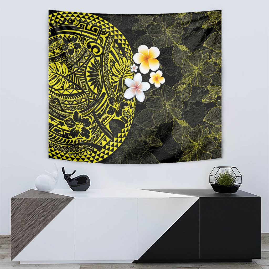 Hawaiian Hibiscus and Plumeria Polynesian Tribal Tattoo Tapestry Yellow Color