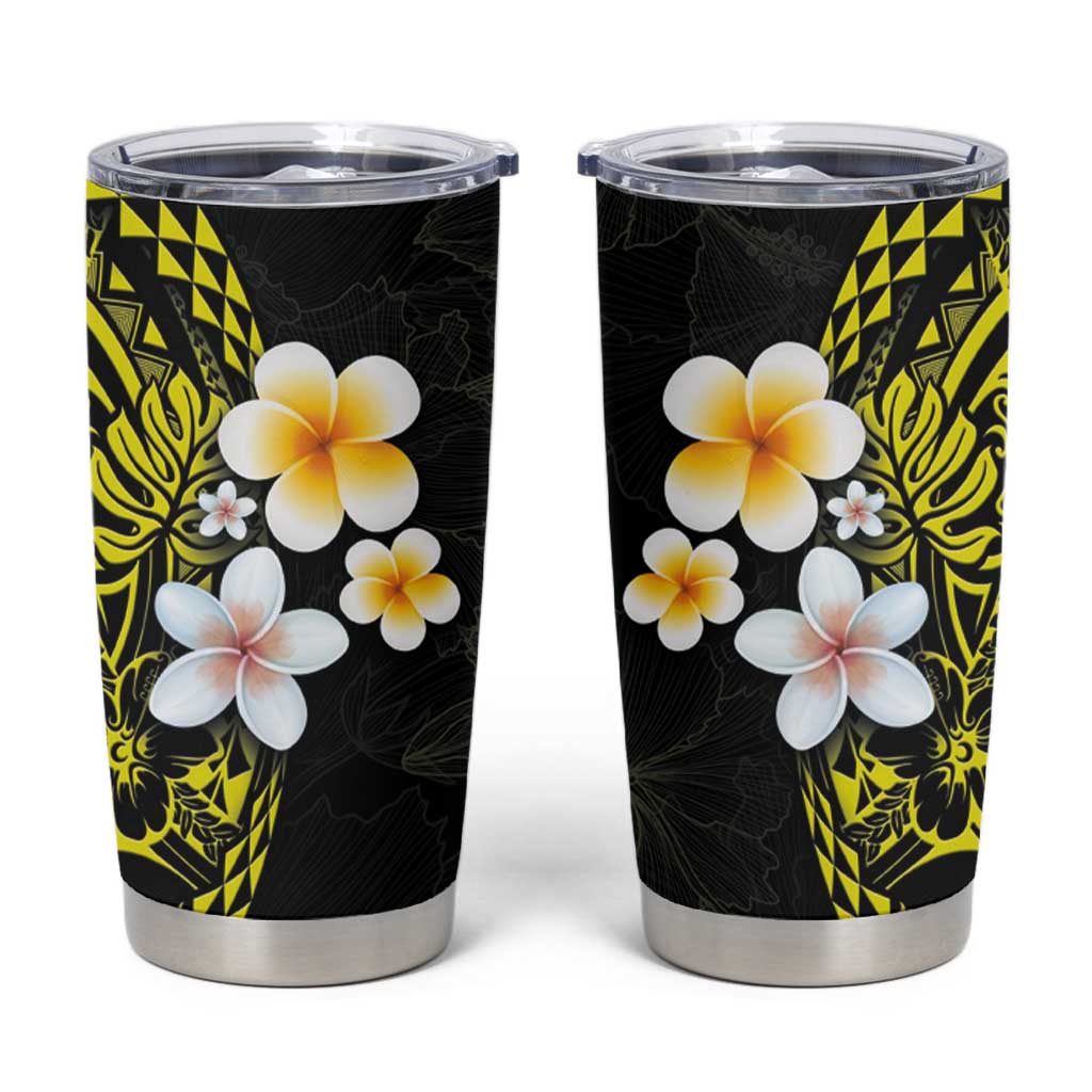 Hawaiian Hibiscus and Plumeria Polynesian Tribal Tattoo Tumbler Cup Yellow Color