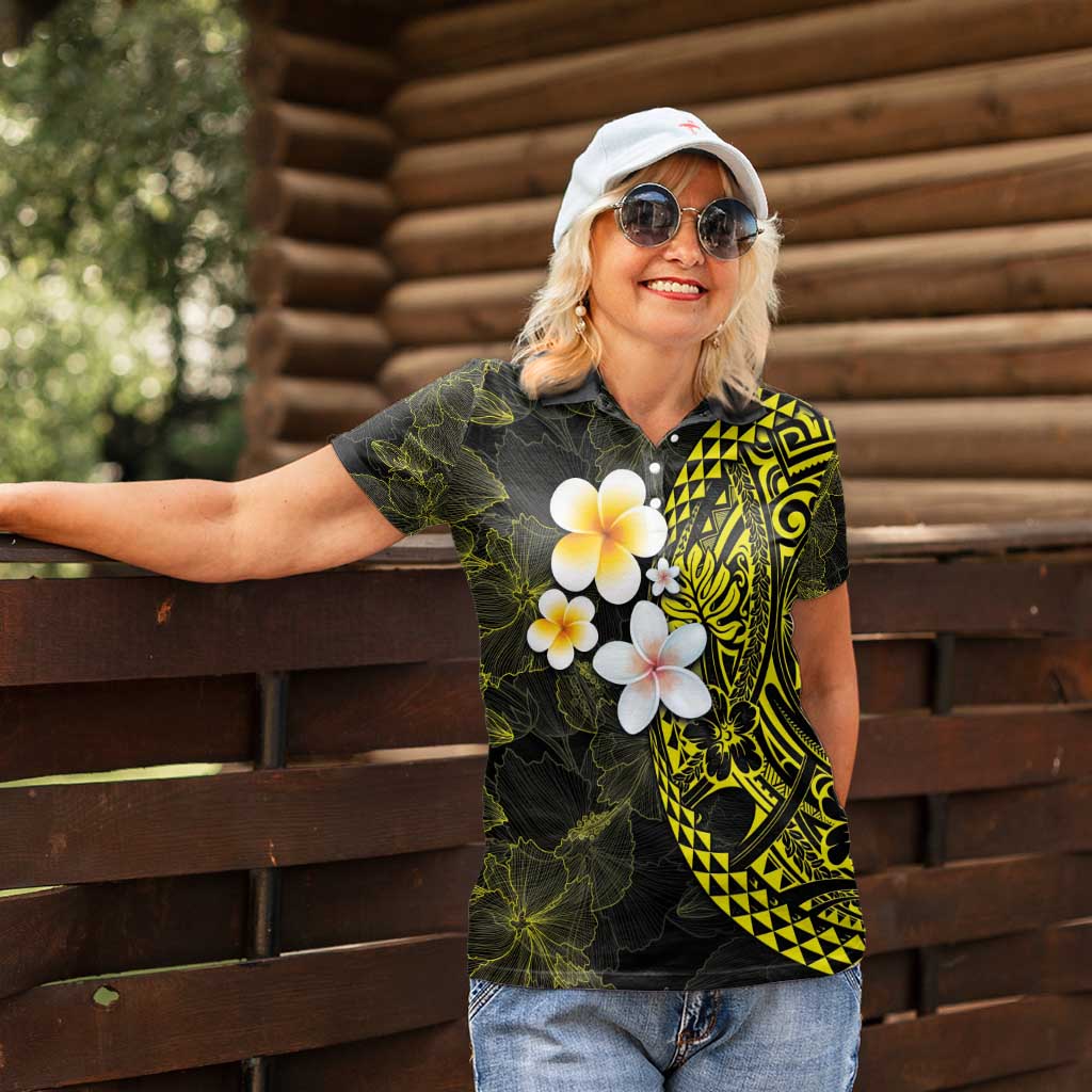 Hawaiian Hibiscus and Plumeria Polynesian Tribal Tattoo Women Polo Shirt Yellow Color LT03 - Polynesian Pride