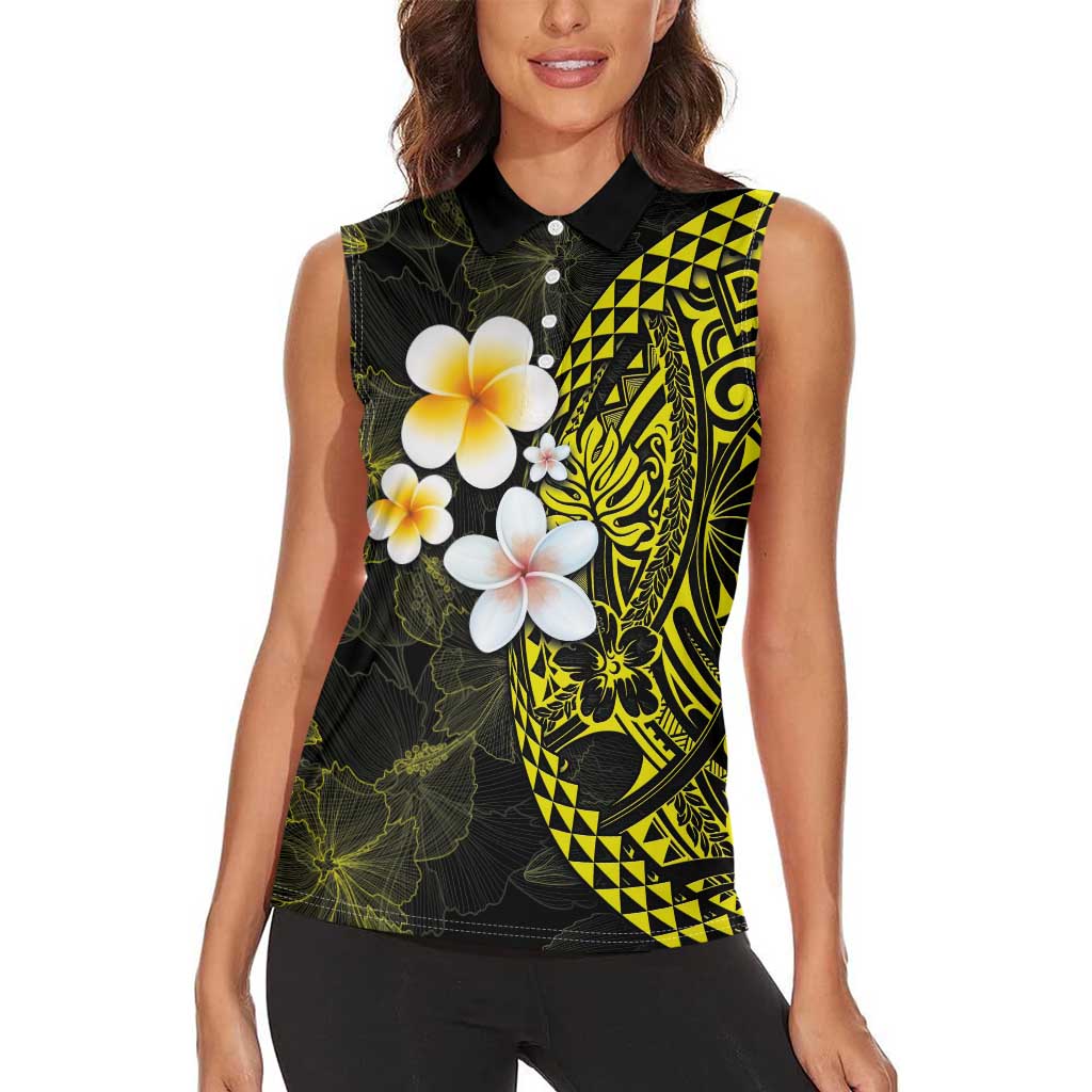 Hawaiian Hibiscus and Plumeria Polynesian Tribal Tattoo Women Sleeveless Polo Shirt Yellow Color LT03 - Polynesian Pride