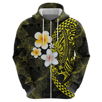 Hawaiian Hibiscus and Plumeria Polynesian Tribal Tattoo Zip Hoodie Yellow Color
