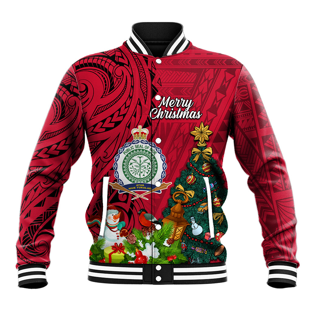 Niue Christmas Baseball Jacket Coat of Arms and Polynesian Tattoo Xmas Element Christmas Red Vibe LT03 Unisex Red - Polynesian Pride