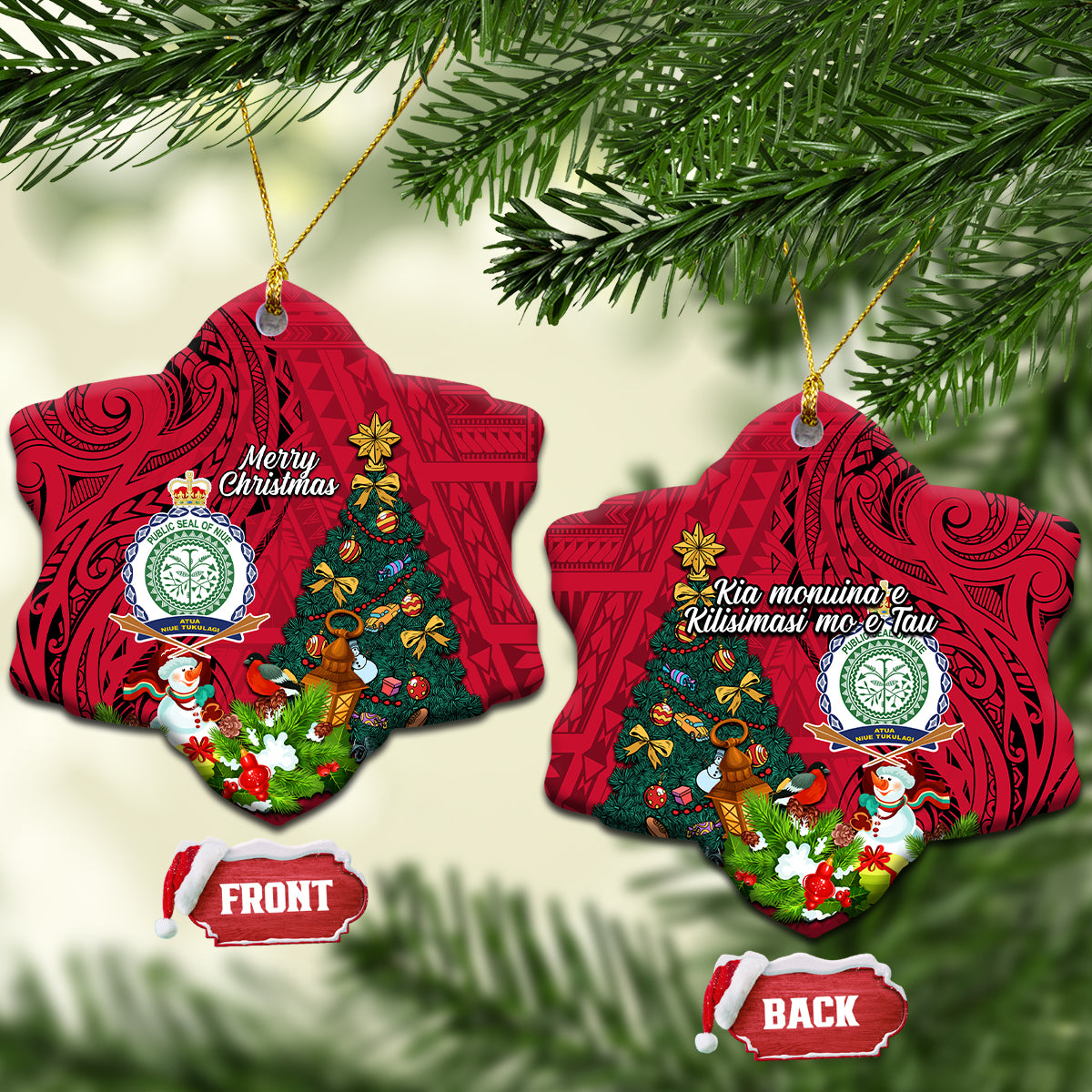 Niue Christmas Ceramic Ornament Coat of Arms and Polynesian Tattoo Xmas Element Christmas Red Vibe LT03 Snow Flake Red - Polynesian Pride