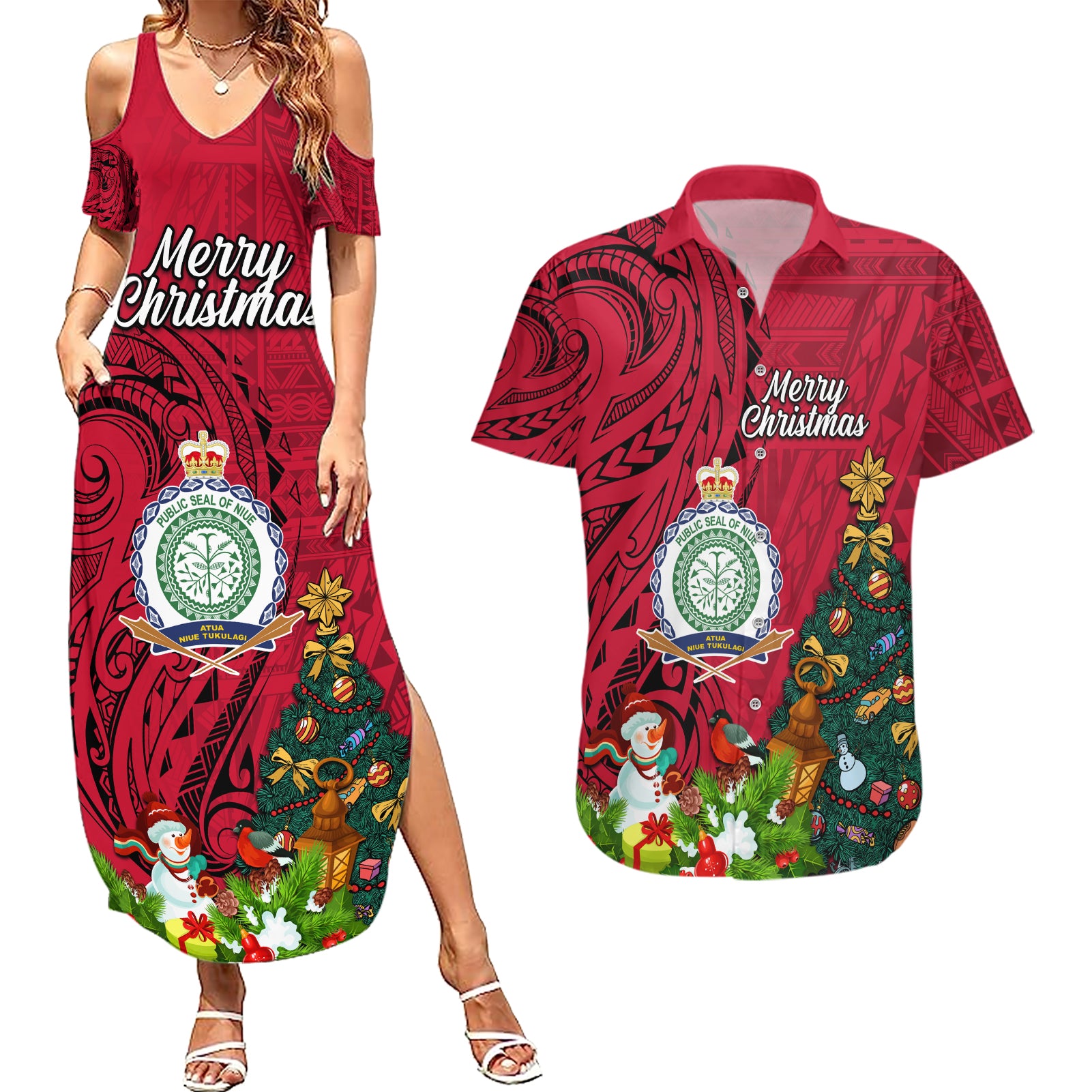 Niue Christmas Couples Matching Summer Maxi Dress and Hawaiian Shirt Coat of Arms and Polynesian Tattoo Xmas Element Christmas Red Vibe LT03 Red - Polynesian Pride