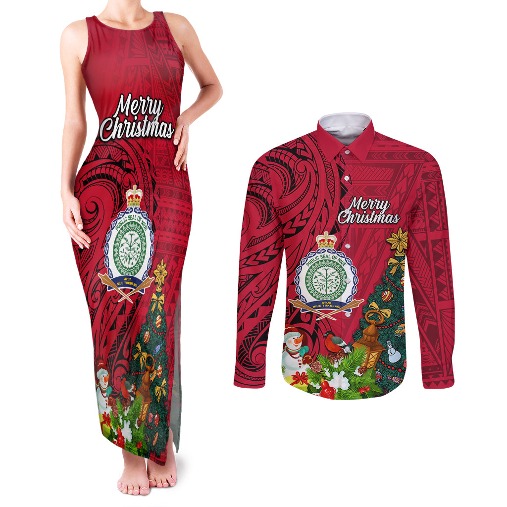 Niue Christmas Couples Matching Tank Maxi Dress and Long Sleeve Button Shirt Coat of Arms and Polynesian Tattoo Xmas Element Christmas Red Vibe LT03 Red - Polynesian Pride