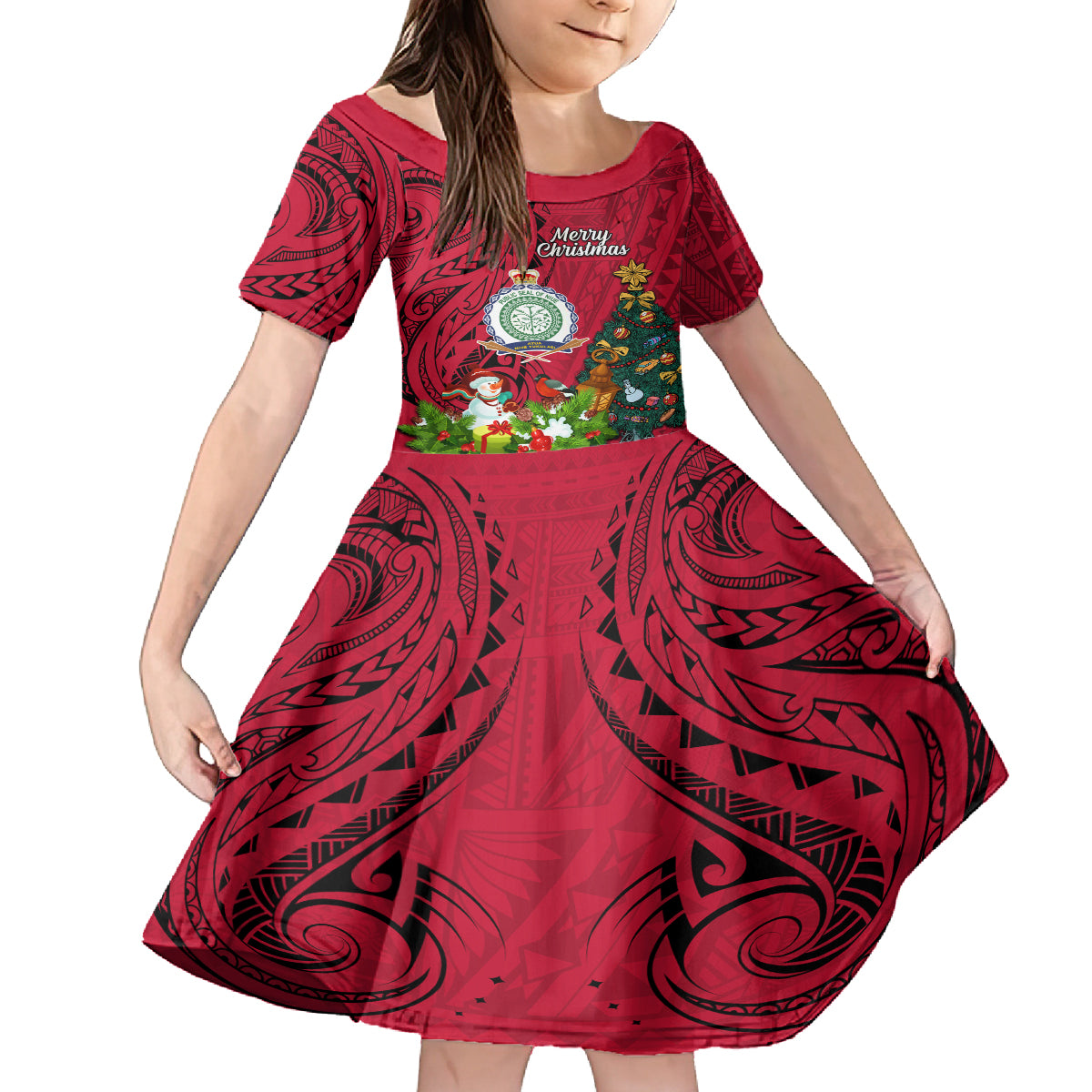 Niue Christmas Family Matching Off Shoulder Maxi Dress and Hawaiian Shirt Coat of Arms and Polynesian Tattoo Xmas Element Christmas Red Vibe LT03 Daughter's Dress Red - Polynesian Pride