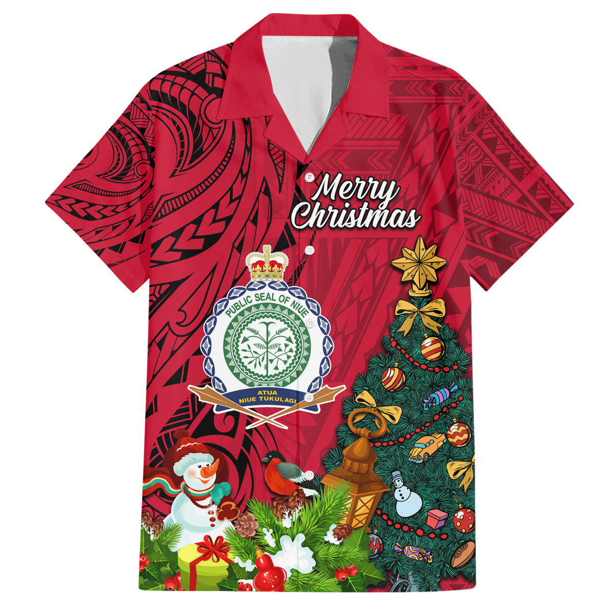 Niue Christmas Family Matching Short Sleeve Bodycon Dress and Hawaiian Shirt Coat of Arms and Polynesian Tattoo Xmas Element Christmas Red Vibe LT03 Dad's Shirt - Short Sleeve Red - Polynesian Pride