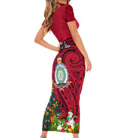 Niue Christmas Family Matching Short Sleeve Bodycon Dress and Hawaiian Shirt Coat of Arms and Polynesian Tattoo Xmas Element Christmas Red Vibe LT03 - Polynesian Pride