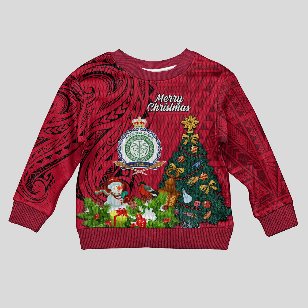 Niue Christmas Kid Ugly Christmas Sweater Coat of Arms and Polynesian Tattoo Xmas Element Christmas Red Vibe LT03 Kid Red - Polynesian Pride
