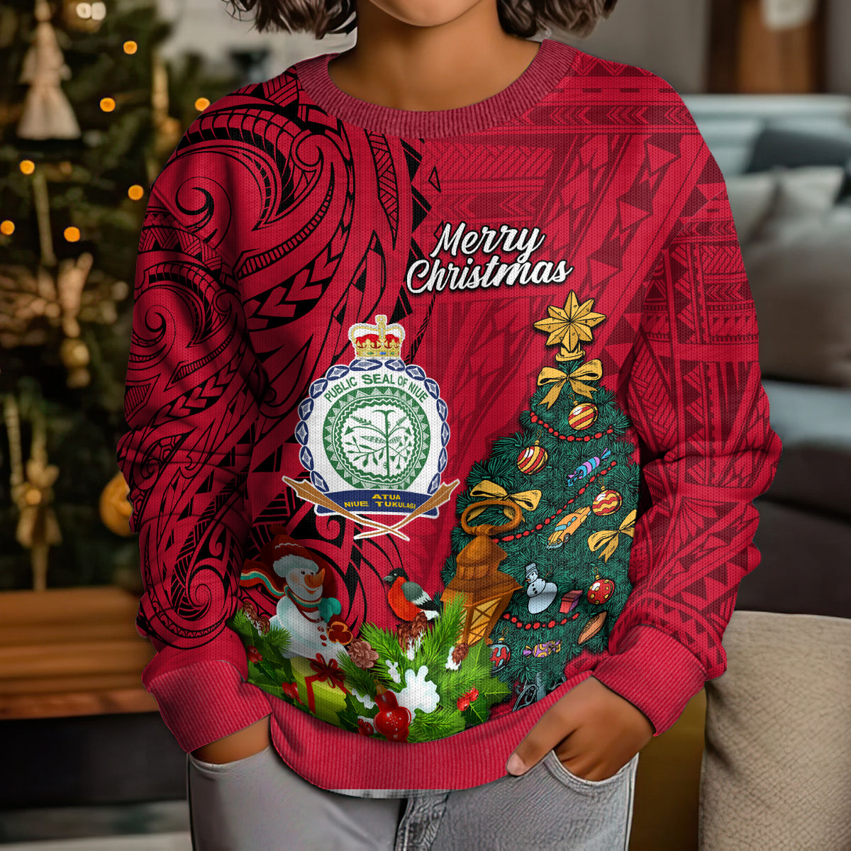 Niue Christmas Kid Ugly Christmas Sweater Coat of Arms and Polynesian Tattoo Xmas Element Christmas Red Vibe LT03 - Polynesian Pride