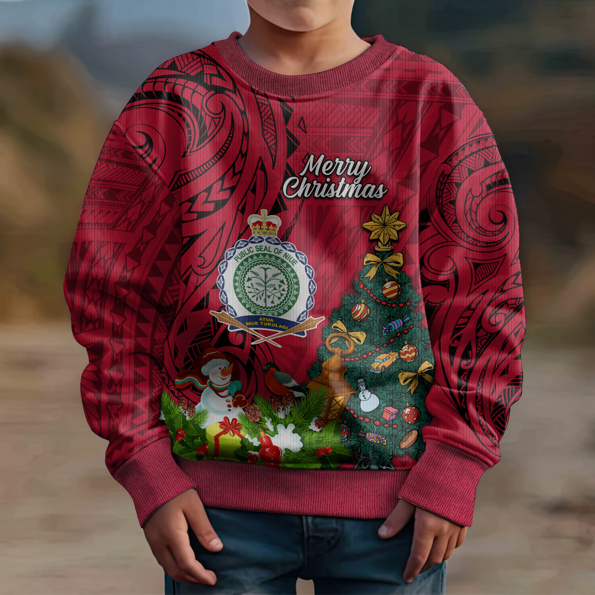 Niue Christmas Kid Ugly Christmas Sweater Coat of Arms and Polynesian Tattoo Xmas Element Christmas Red Vibe LT03 - Polynesian Pride
