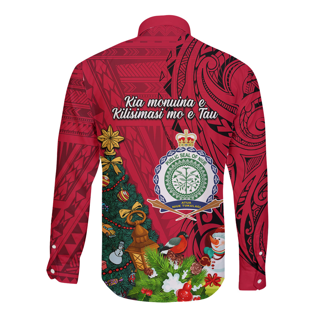 Niue Christmas Long Sleeve Button Shirt Coat of Arms and Polynesian Tattoo Xmas Element Christmas Red Vibe LT03 - Polynesian Pride